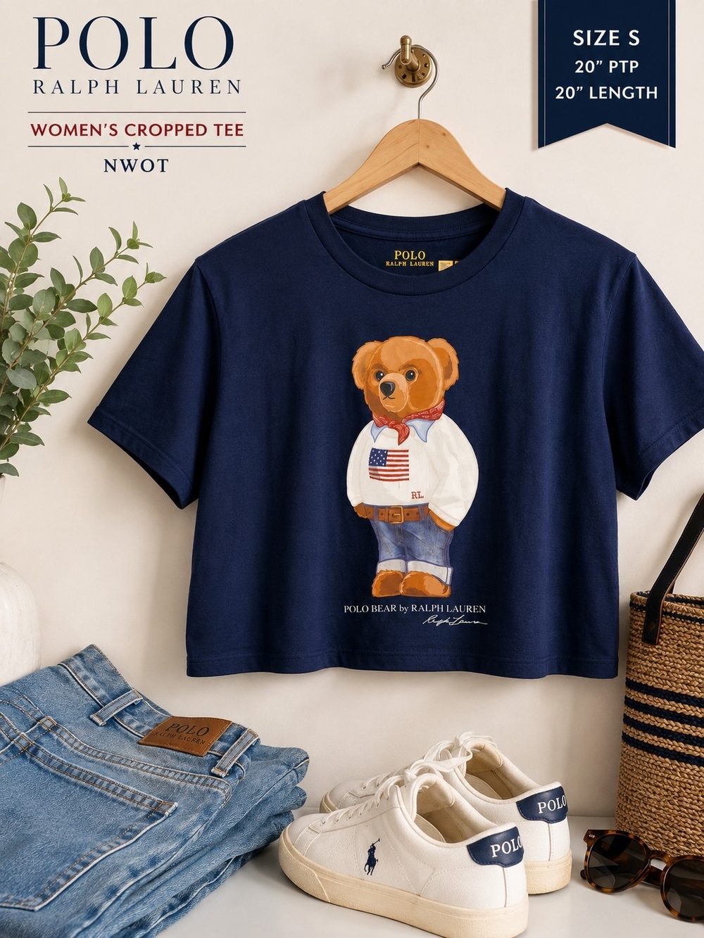 Polo Ralph Lauren Polo Bear Women’s Cropped T-Shirt Navy Americana S NWOT